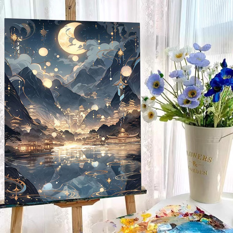 古风山水数字油画手工填色画填充涂色油彩画解压肌理画装饰画