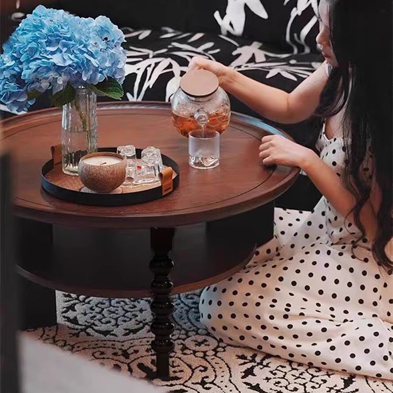 复古实木茶几客厅家用小户型圆形双层矮茶桌美法式中古风沙发边几
