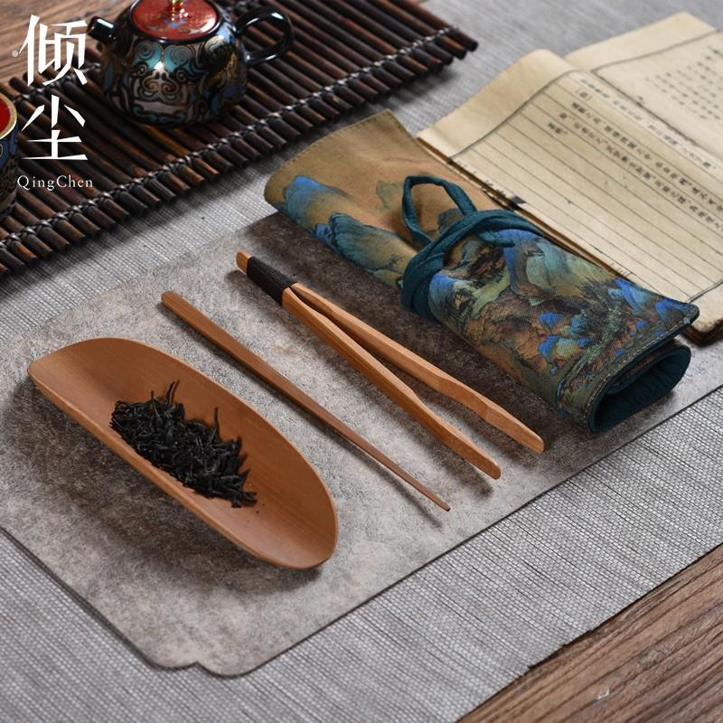 3件套布袋装 老竹厚德茶则 茶荷 茶夹 茶拨 千里江山图可携带旅行