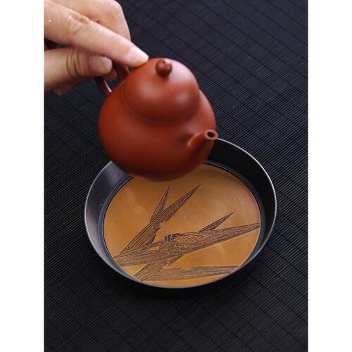 手工錾刻铜嵌锡壶承干泡台茶盘中式茶器壶垫圆形盖碗托盘茶器