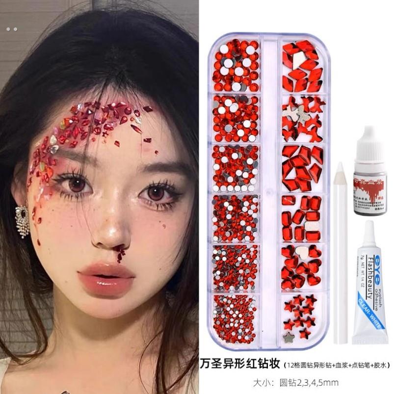 万圣节妆容化妆钻石贴脸部饰品珍珠圆钻红色黑色蜘蛛蝴蝶血钻妆