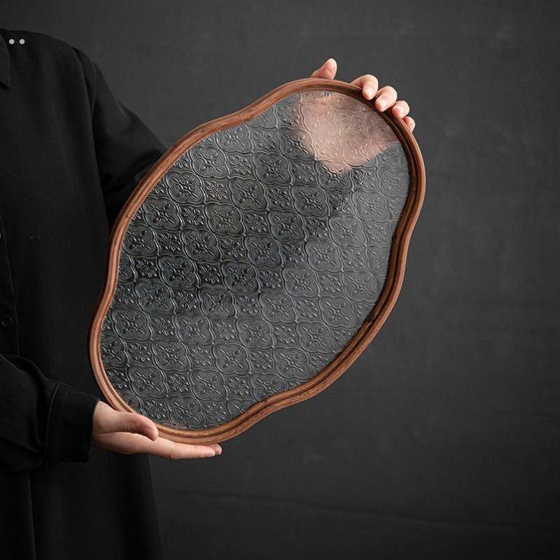 海棠压花玻璃托盘胡桃色长方形茶盘收纳摆件茶水杯子水果点心盘