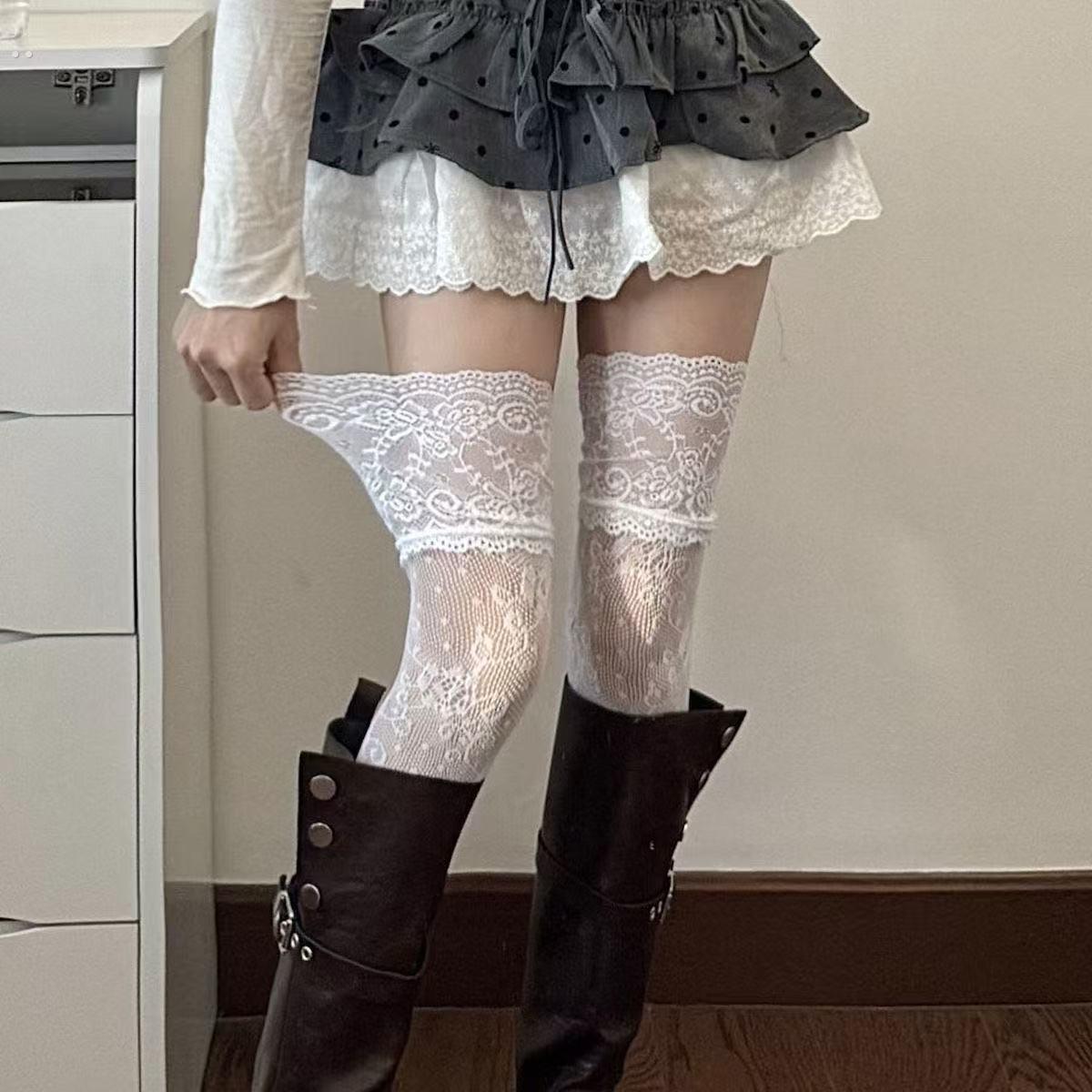 花边蕾丝过膝袜配长靴丝袜骑士靴长筒靴内搭袜子袜套打底袜长筒袜