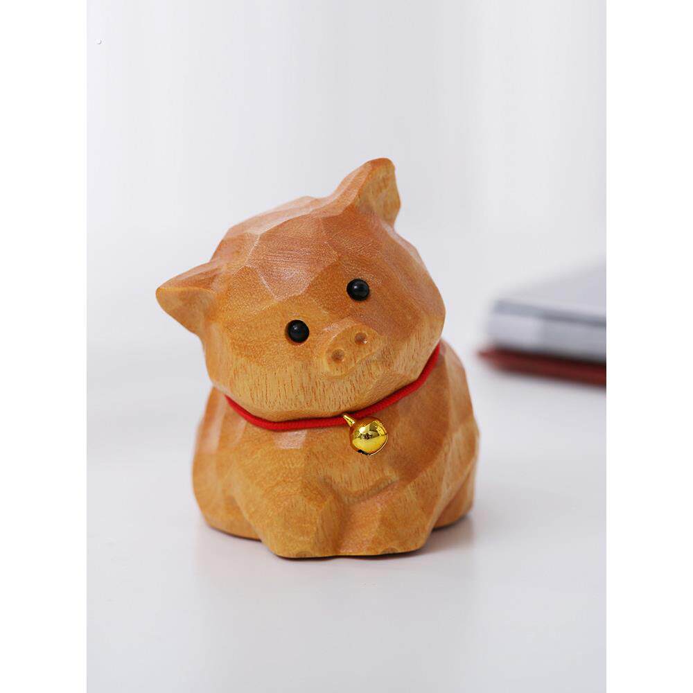木雕小猪歪头桌面摆件檀香木生肖猪玩偶可爱桌面木头装饰生日礼物