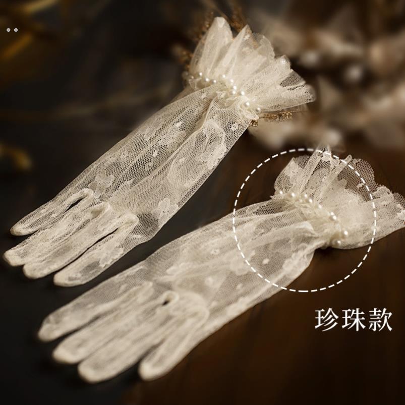 新娘婚纱手套复古蕾丝蝴蝶结短款珍珠结婚短珍珠缝珠礼服旅拍领证