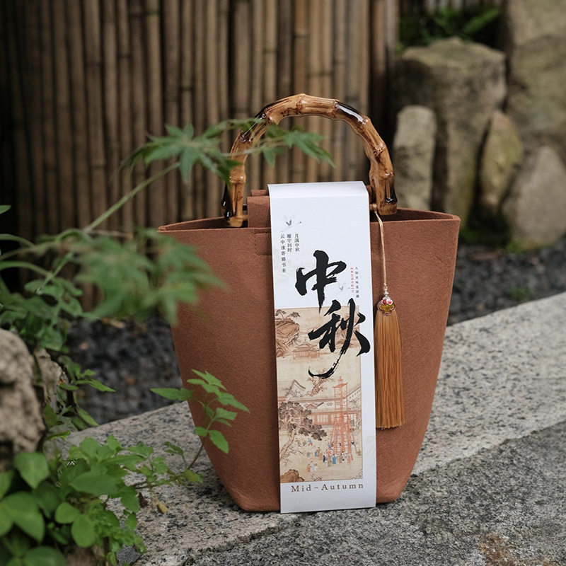 2026中秋伴手礼盒竹节手提盒毛毡袋包包6粒8粒装月饼礼品袋包装盒