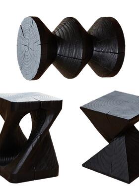 9C欧式实木家用墩子碳化黑色原木凳子民宿展厅摆件木桩根雕休闲短