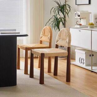 复古中古实木靠背编织藤椅设计师绳编民宿化妆家用法式餐椅椅子