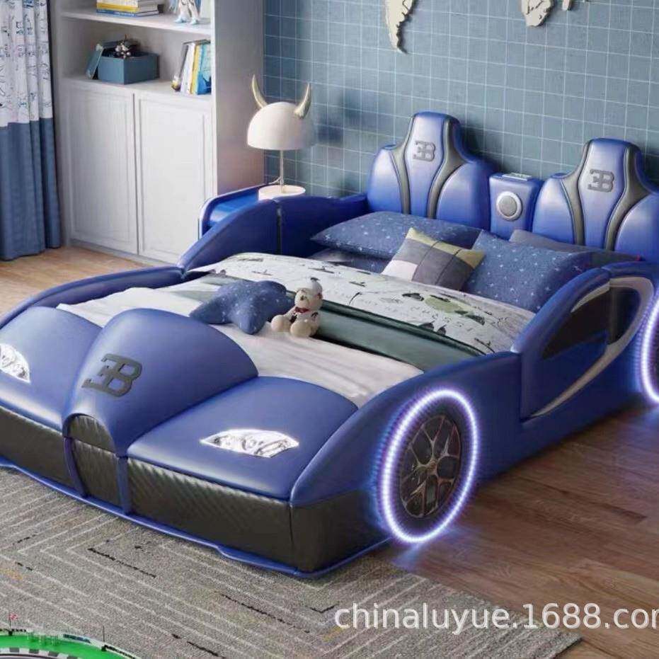 LED卡通儿童床男童汽车床蓝色创意实木床男孩单人床赛车双人床