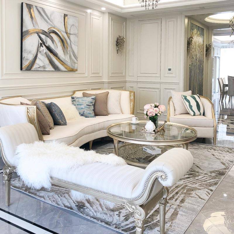 美式轻奢实木沙发现代简约客厅布艺沙发茶几组合弧形沙发来图制作