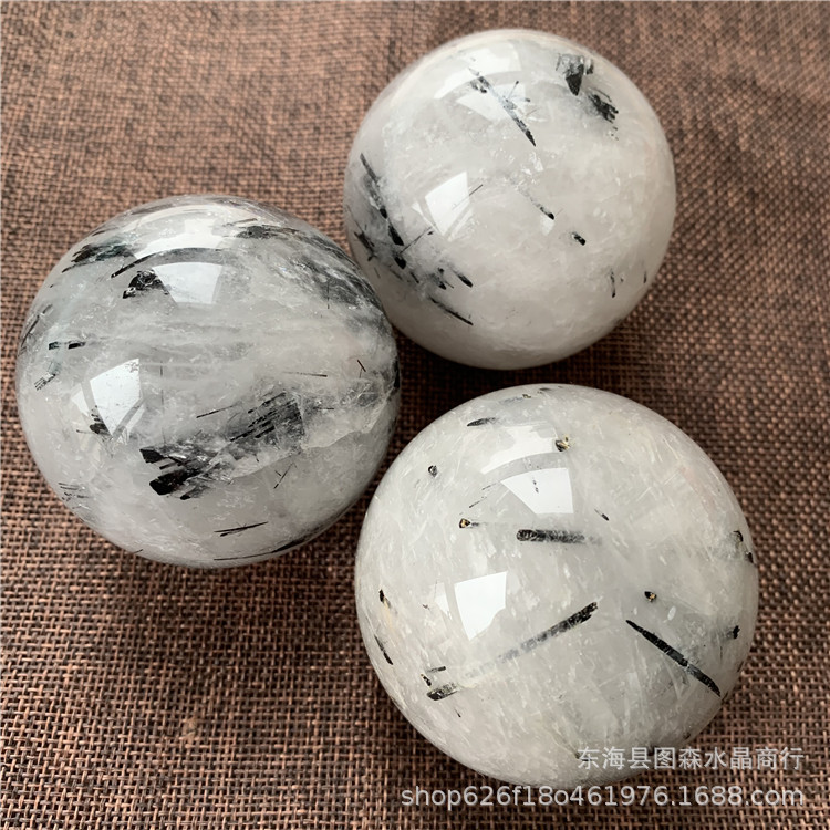 水晶黑发晶球黑碧玺水晶球摆件原矿石球摆件居家办公装饰品