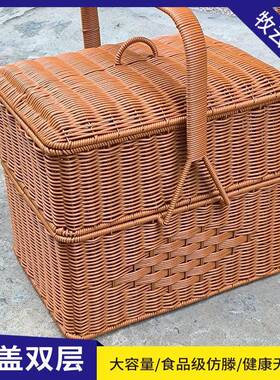 M112家用拜拜篮双层野餐篮拜神专用长方形手提篮子手工编织藤篮