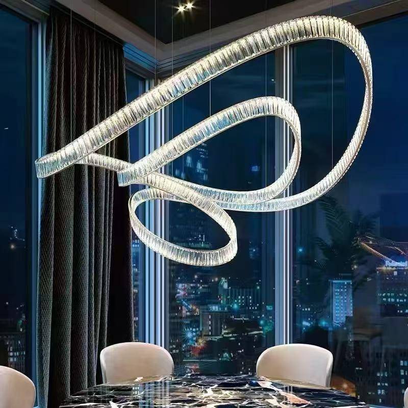 别墅现代简约轻奢宴会厅楼梯间复式楼大气异型吊灯长飘带状