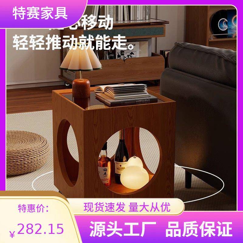 北欧风实木镂空沙发边桌中古可移动小茶几卧室黑色床头桌方形茶桌