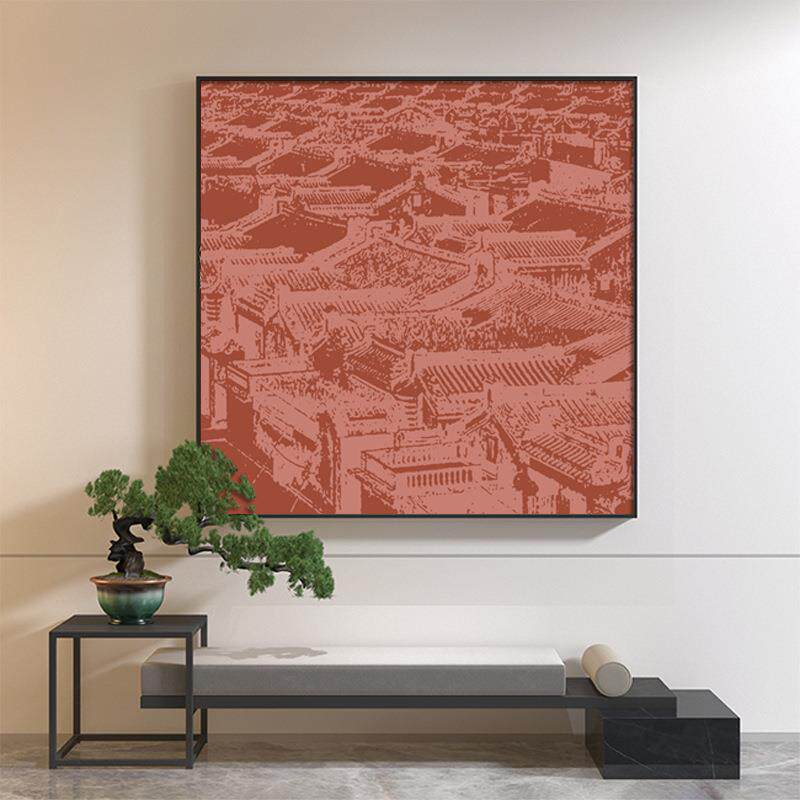 新中式装饰画红色建筑群古典艺术轻奢客厅沙发墙玄关壁画方形挂画