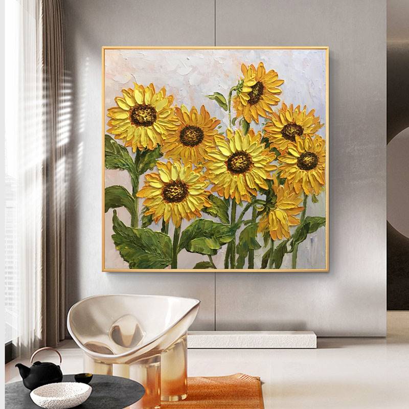 油画纯手绘立体向日葵花卉名画客厅饭厅背景墙装饰画玄关肌理挂画图片