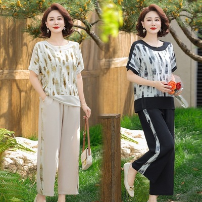 日本品质妈妈夏装套装新款短袖上衣裤子时尚休闲中老年女装大码显