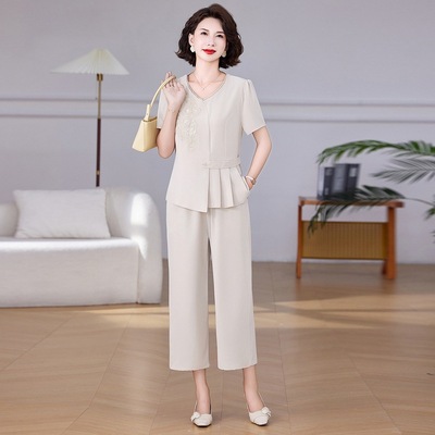 日本品质新中式夏装妈妈套装短袖上衣裤子时尚中老年女装大码母亲