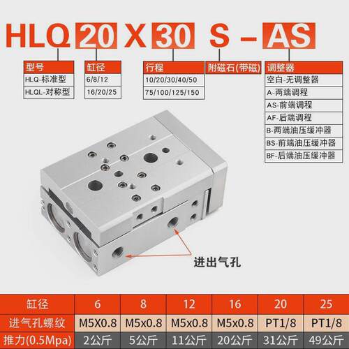 亚德气动型客导轨精密滑台气缸hlq6/hls8/12/16/20O-10x20x30/50s