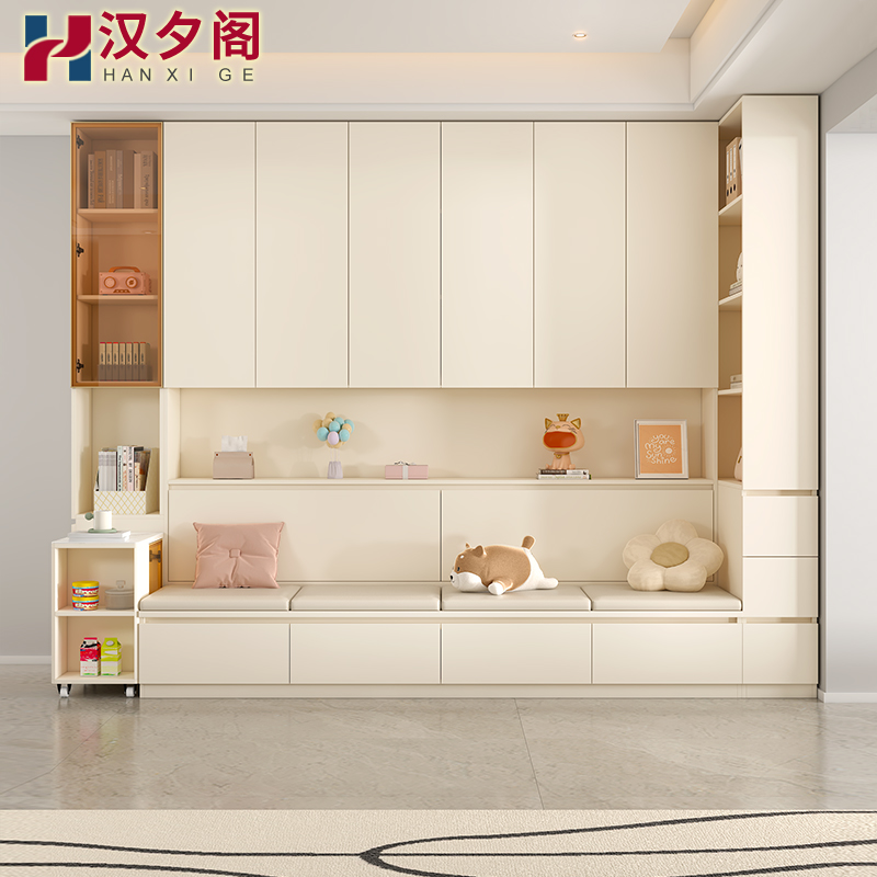 奶油风卡座书柜一体防尘玻璃门转角置物柜客厅书架展示柜F1