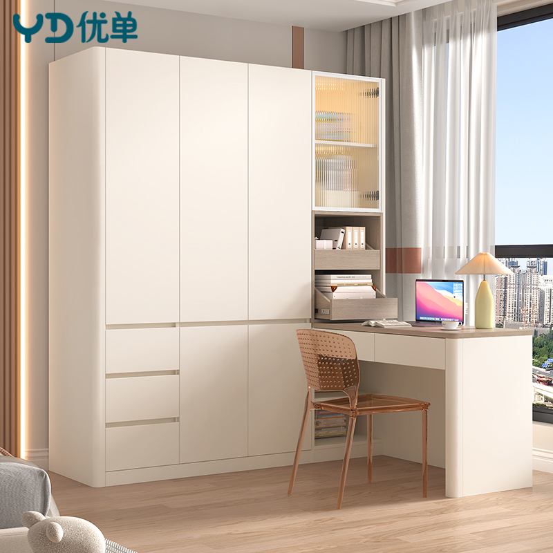 奶油风连书桌一体落地卧室家用多功能L型书桌书架定制