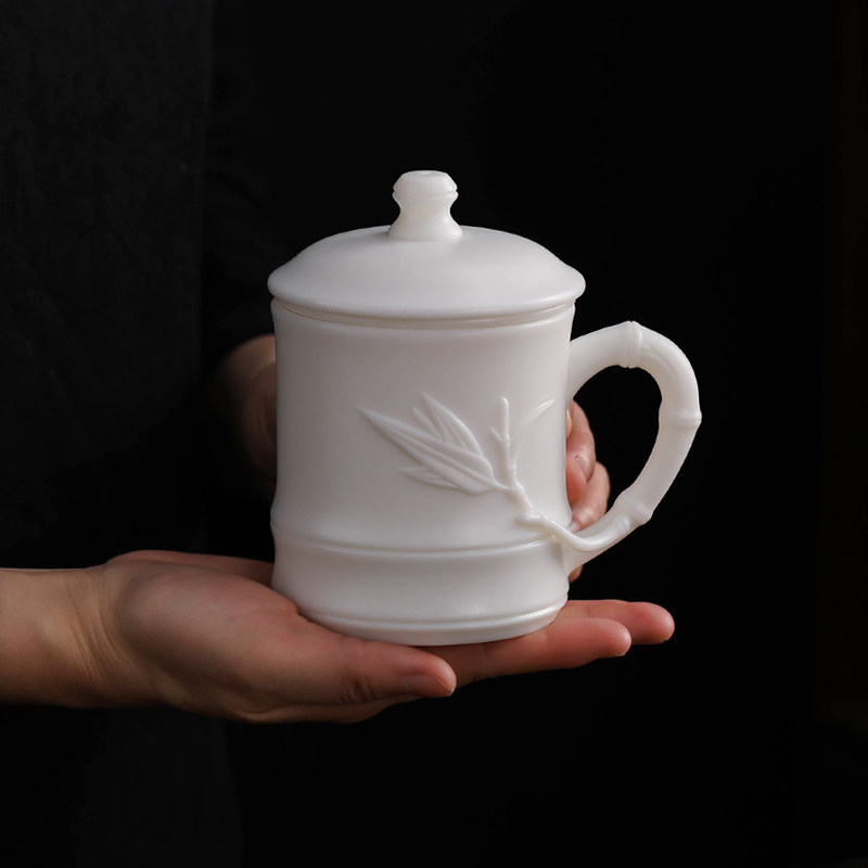 白瓷羊脂玉带盖过办公杯带内胆茶水分离水杯个人陶瓷大号泡茶杯