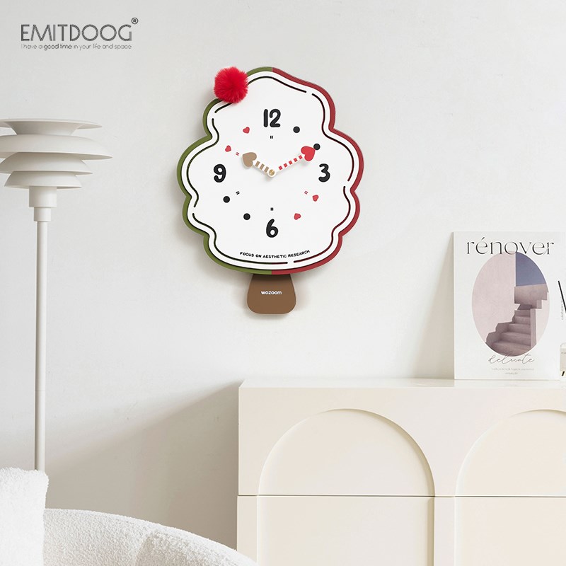 EMITDOOG免打孔奶油风客厅创意挂钟22新款钟表家用创意时钟挂墙