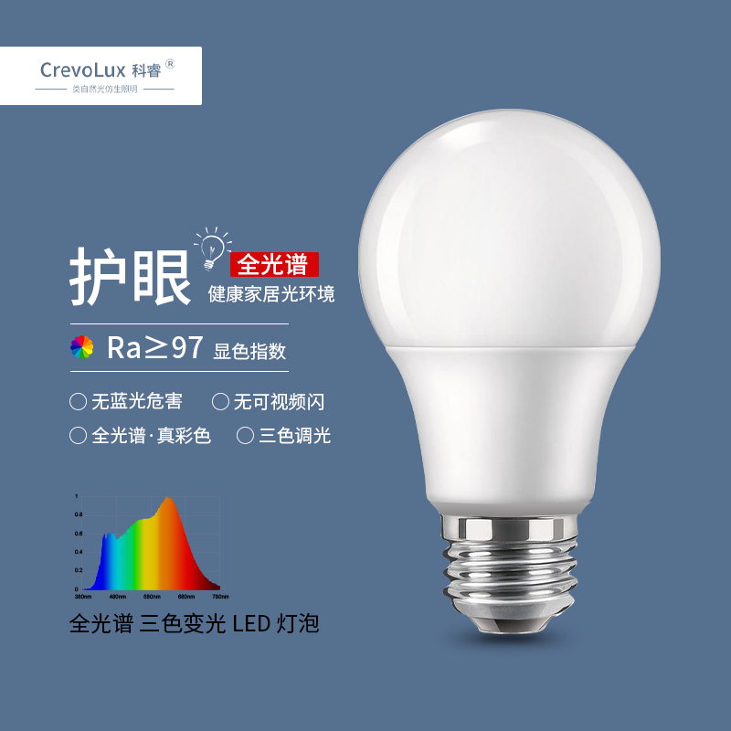 科睿普瑞全光谱无蓝光无频闪危害高显色儿童学生护眼学习e27灯泡