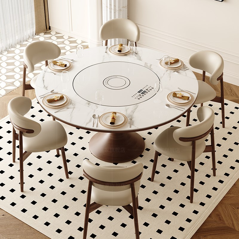 座家岩板餐桌多功能法式中古风家用可伸缩变圆胡桃小蛮腰实木桌椅