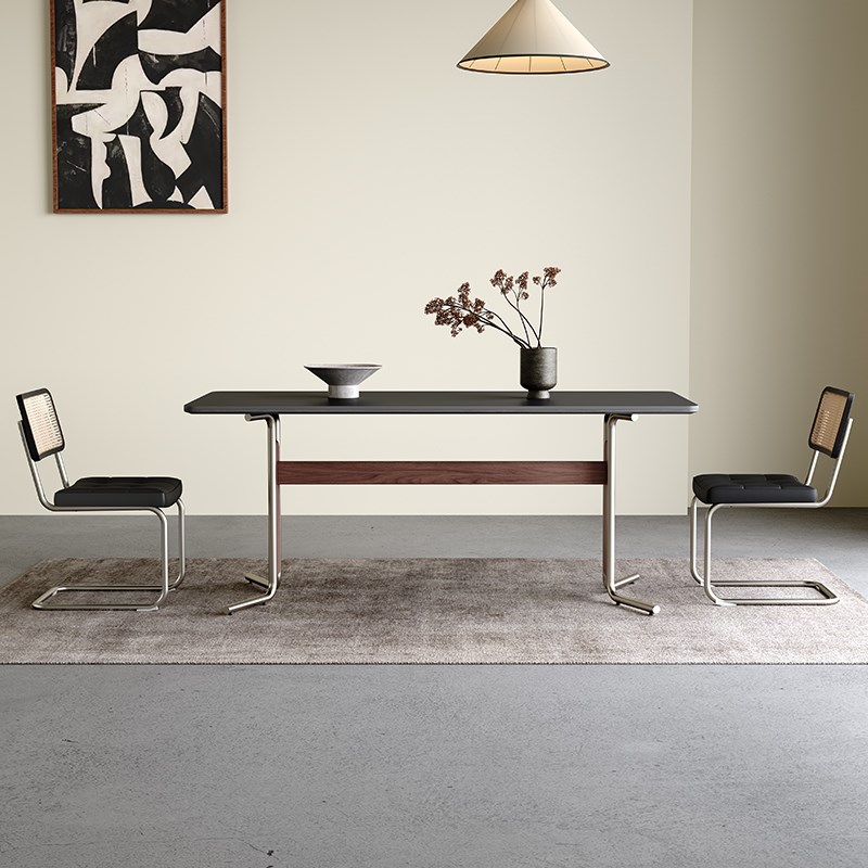 黑色复古岩板餐桌家用现代简约长方形岩板长餐桌椅实木不锈钢餐桌