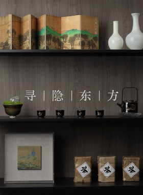 茶室博古架茶柜装饰中古风琉璃器千里江山装饰画艺术