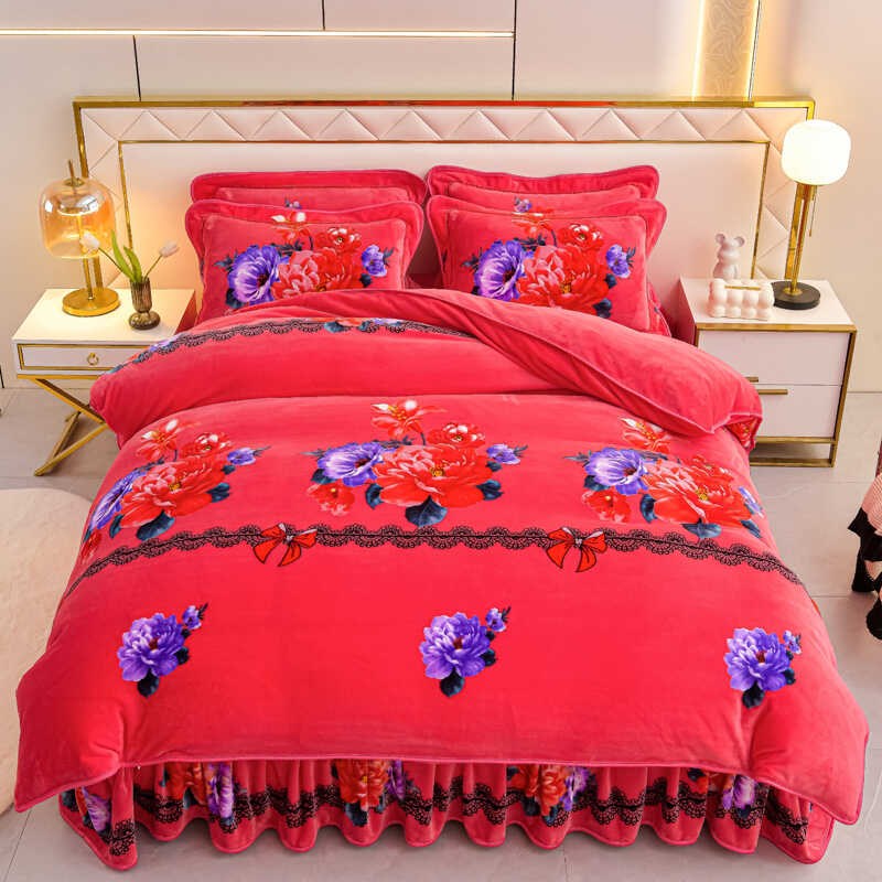 高档冬季加厚四件面珊瑚绒法兰绒保暖被加绒床上用品