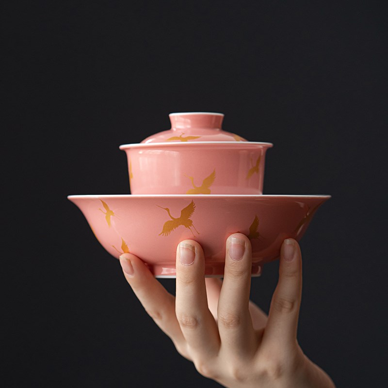 桃红釉二才盖碗茶杯单泡茶器小新仙鹤茶碗烫手抓碗
