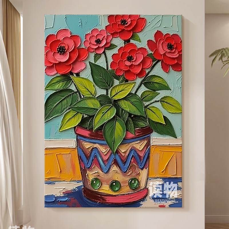 奶油风玄关装饰画红色抽象玫瑰手绘油画客厅挂画丙烯肌理画成品