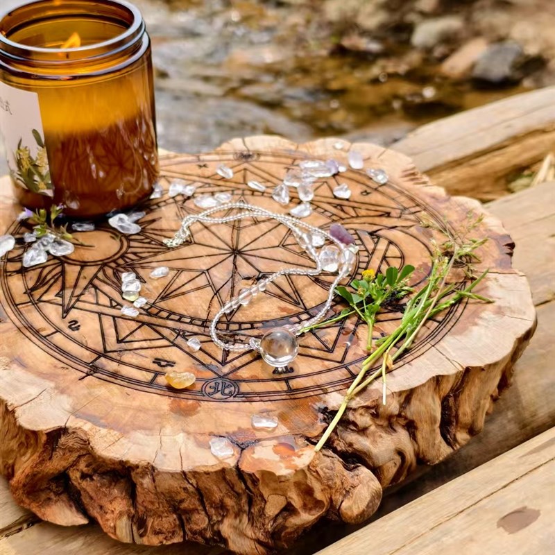 水晶底座水晶能量阵盘带星z月阵纹木盘水晶木阵盘水晶底座