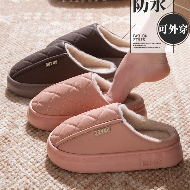 防水棉拖鞋女士2025新款秋冬季可外穿厚底加绒保暖居家防滑棉拖男