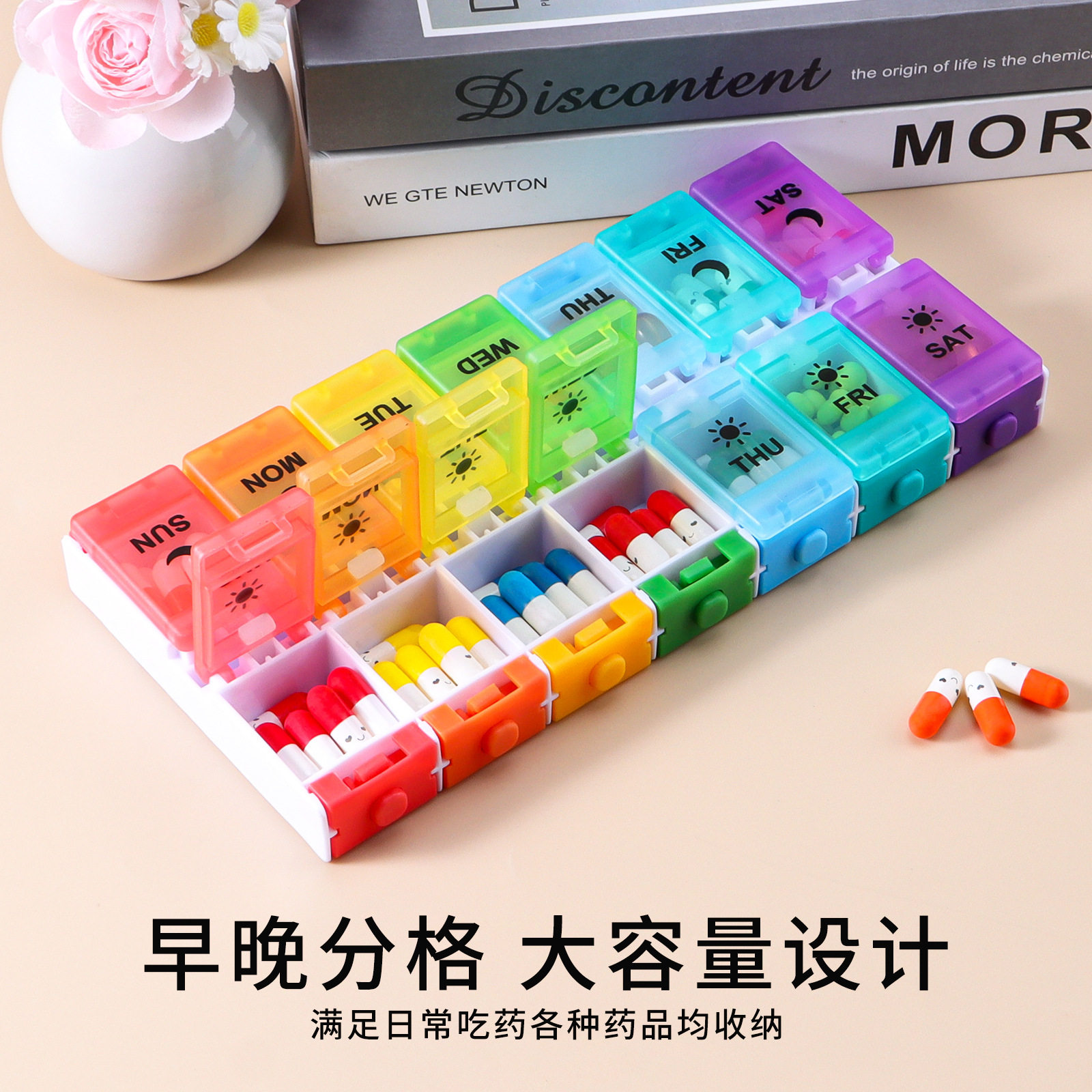 一周七天外贸彩色分装药盒双排分格有盖按压式旅行药品收纳盒