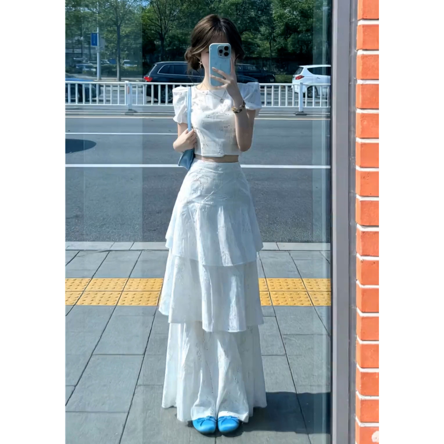 2026新款法式初恋白色泡泡袖连衣裙子女夏季白月光蛋糕长裙套装