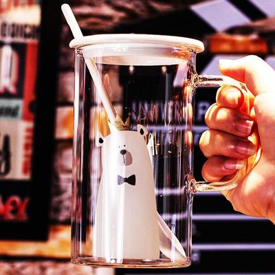 杯子玻璃杯女透明茶杯带把大容量带盖男耐热创意单层带吸管办公室