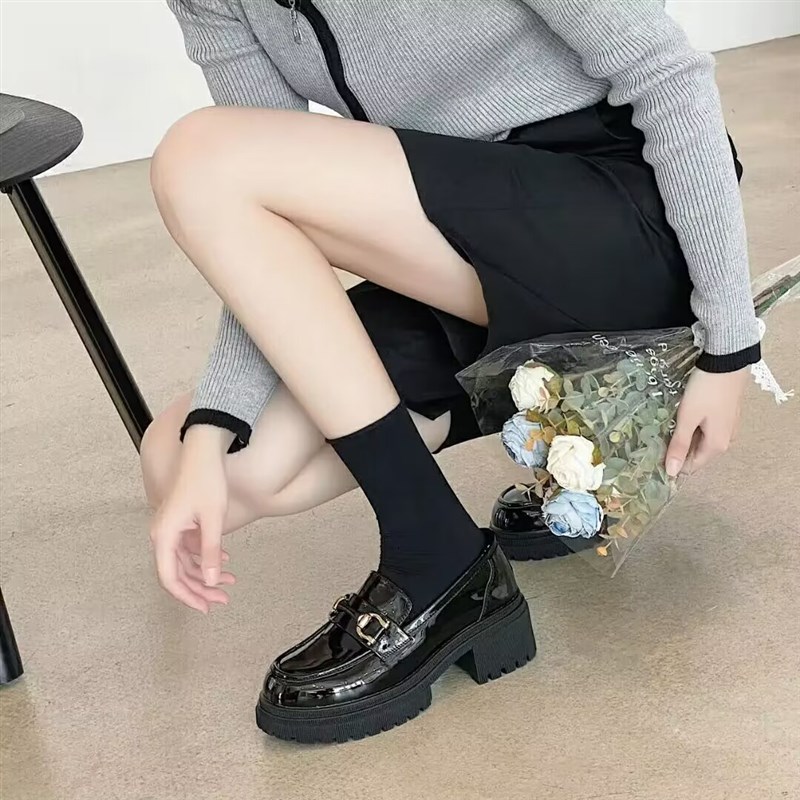小皮鞋女英伦风2023春季新款黑色一脚蹬乐福鞋厚底日系jk制服单鞋