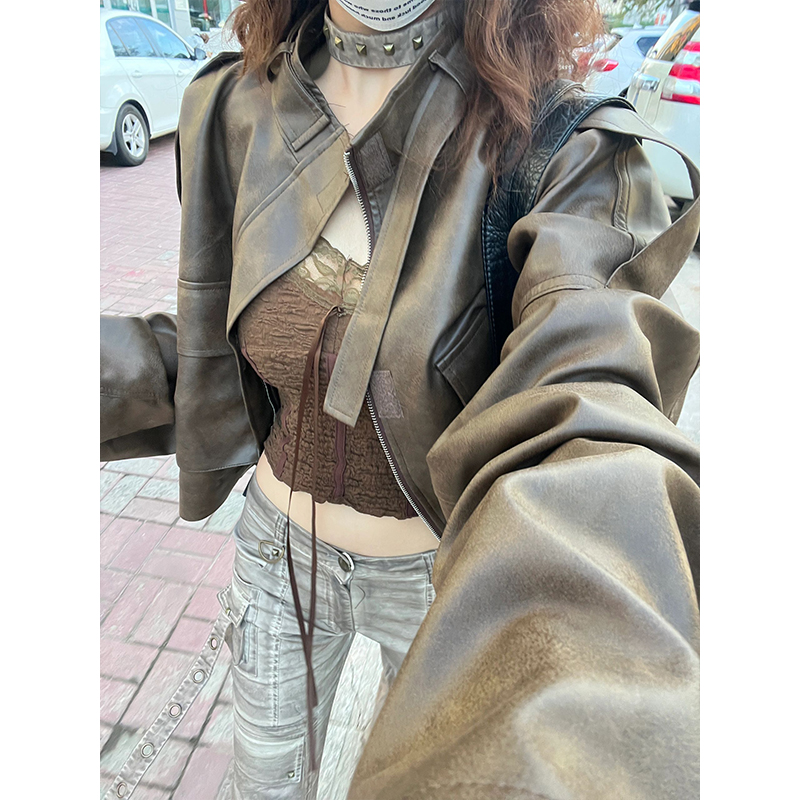 今年流行棕色pu皮衣机车夹克短款外套女秋冬2023新款爆款港风上衣