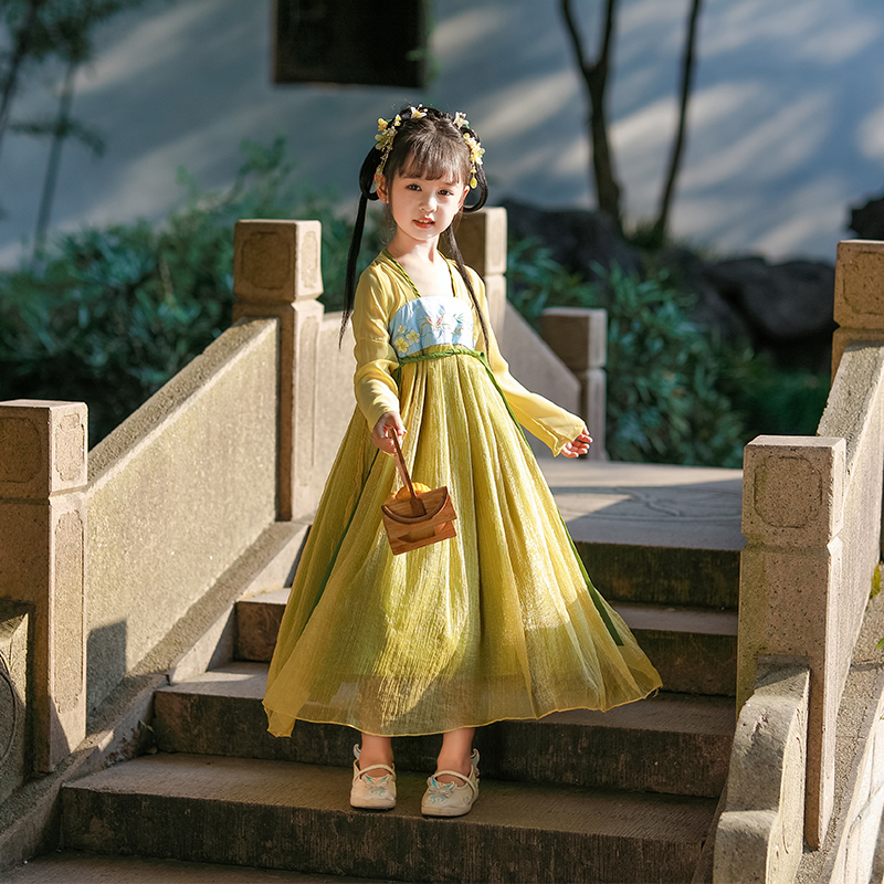 女童汉服刺绣小女孩古装长款连衣裙古筝中国风女宝宝演出服汉元素