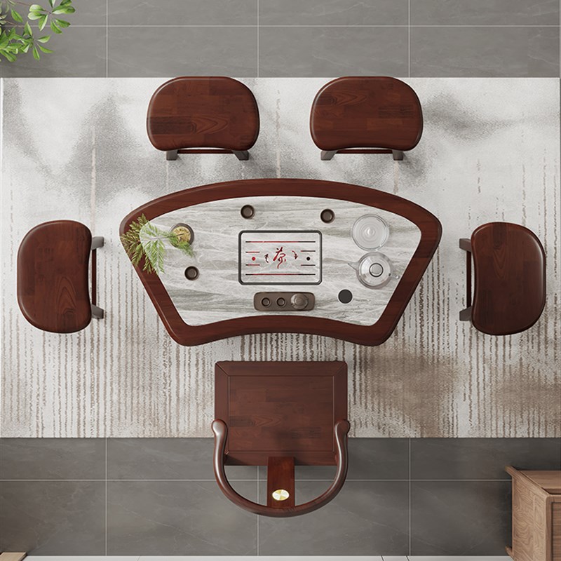 家用实木扇形移动小茶台阳台岩板茶桌椅组合一体烧水壶泡茶桌茶几