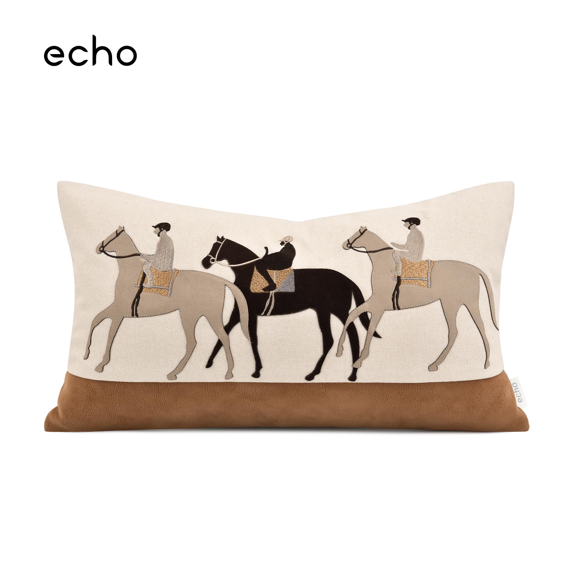 echo样板间儿童房抱枕米橙色绣花马术赛马主题床品床上腰枕靠垫套