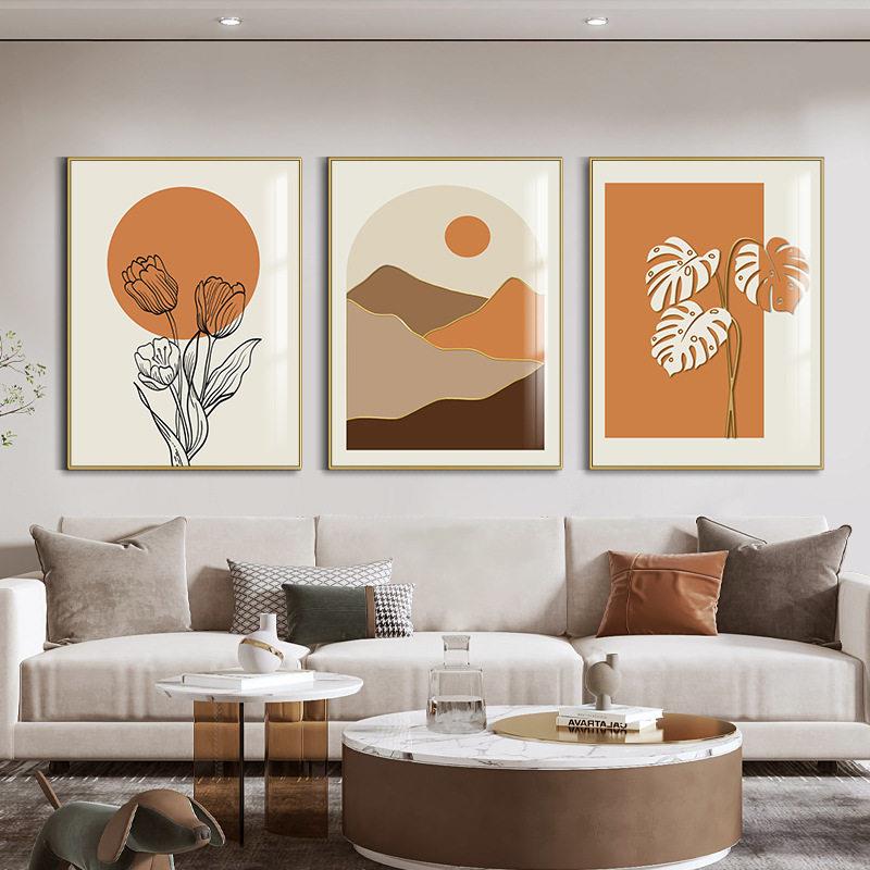 莫兰迪客厅装饰画北欧抽象线条挂画竖版组合三联画沙发背景墙壁画