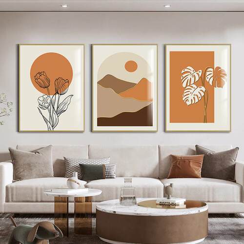莫兰迪客厅装饰画北欧抽象线条挂画竖版组合三联画沙发背景墙壁画