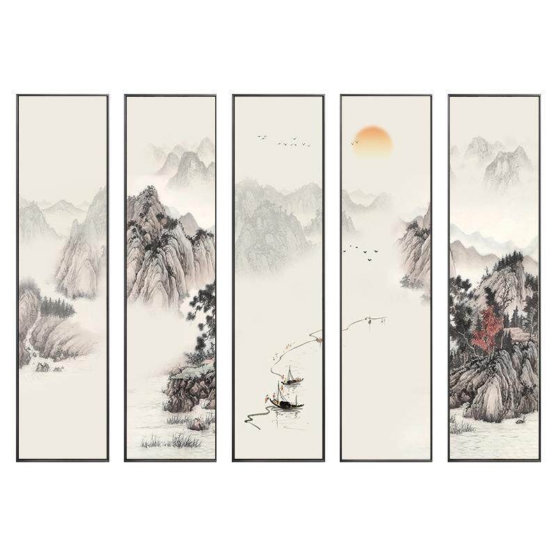 旭日东升新中式客厅沙发背景墙五联装饰画茶室书房壁画山水国画