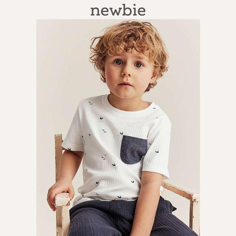 Newbie瑞典进口童装儿童夏有机棉鲸鱼印花口袋短袖T恤透气亲肤
