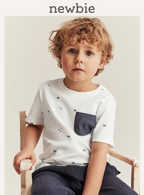 Newbie瑞典进口童装儿童春夏有机棉鲸鱼印花口袋短袖T恤透气