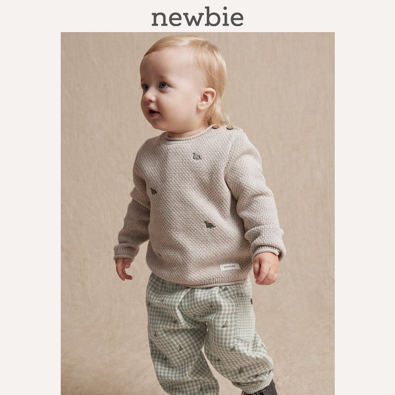 Newbie瑞典进口童装春夏新款婴儿小恐龙格纹刺绣长裤